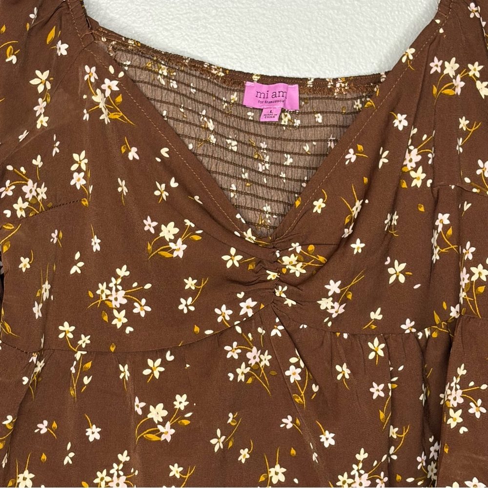 Mi Ami Francesca Crop Blouse Large Brown Floral Boho Smocked Cottagecore Prairie - Picture 2 of 7